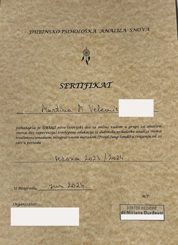 Sertifikat za drugi nivo trostepene edukacije iz dubinsko-psihološke analize snova — teorijski deo sa onlajn radom u grupi, 20 sati, sezona 2023/24. Godina rođenja, potpis i broj licence sa pečata su prekriveni.
